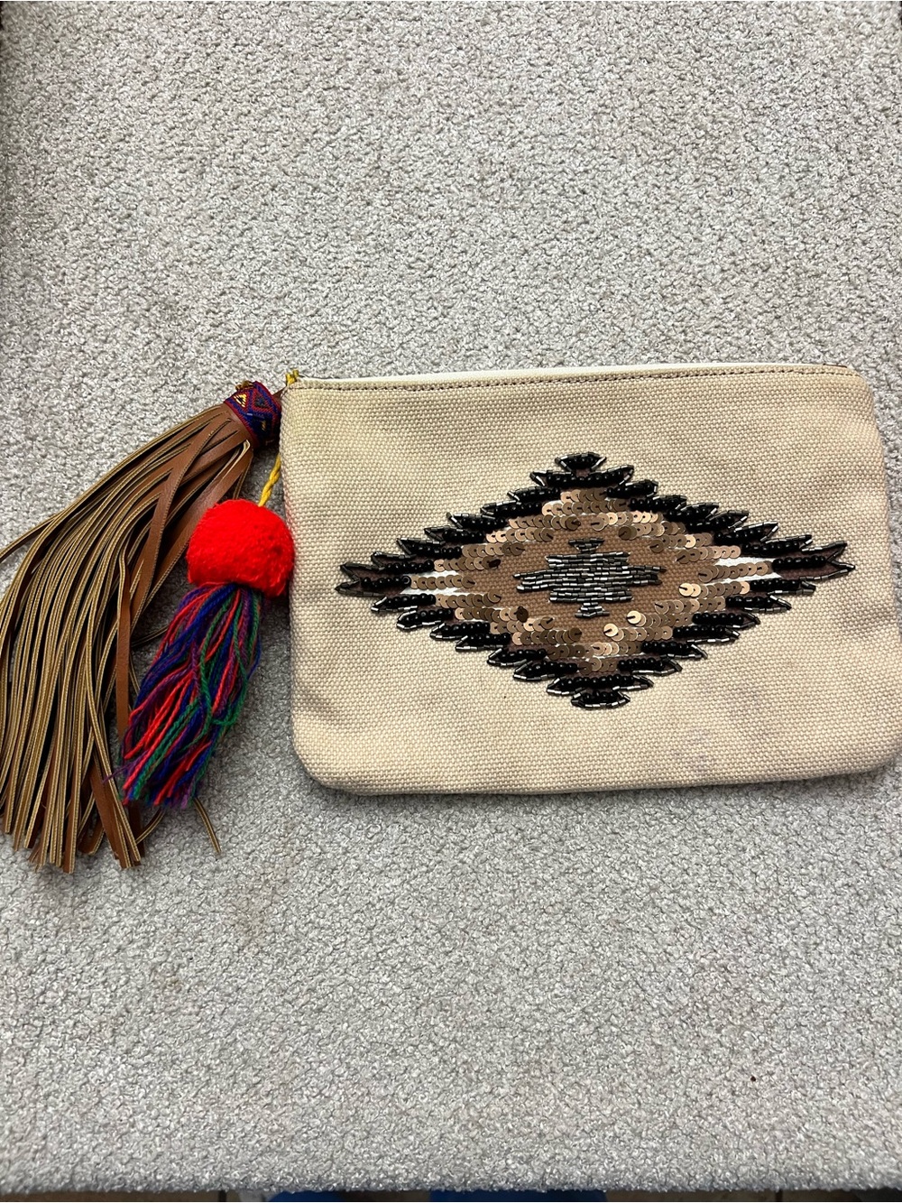 Sam Edelman Beaded Ivory Canvas Clutch